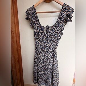 Alterd State Navy Floral Midi Dress with Ruffle Sleeves and Back Tie